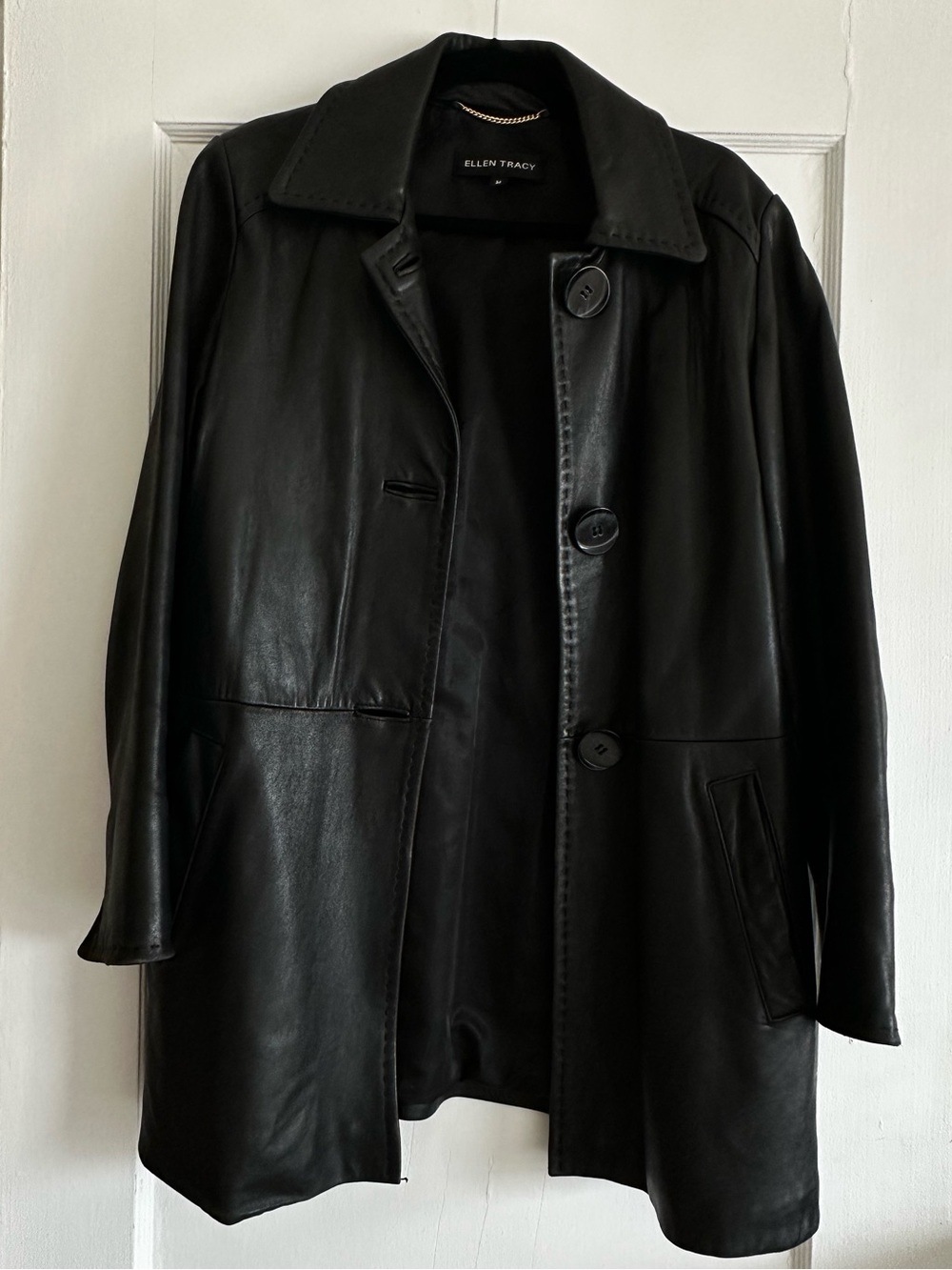 Ellen Tracy Black Leather Button-Front Trench Coat